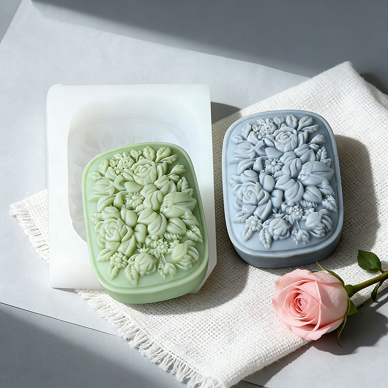 Soap Making Gifts - 정사각형 꽃무늬 실리콘 비누 몰드 (장미와